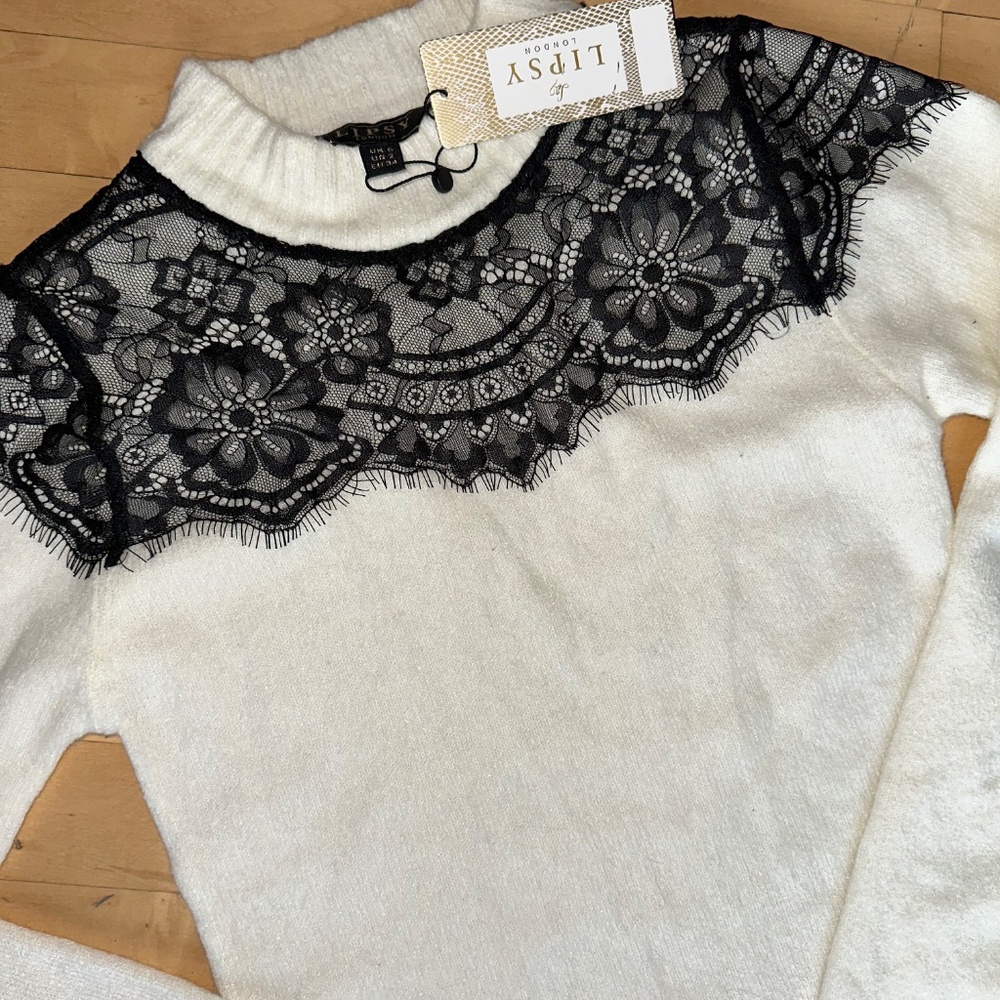 NEW LIPSY white mock neck with black lace yoke sweater, 2, N122 - Picture 5 of 7